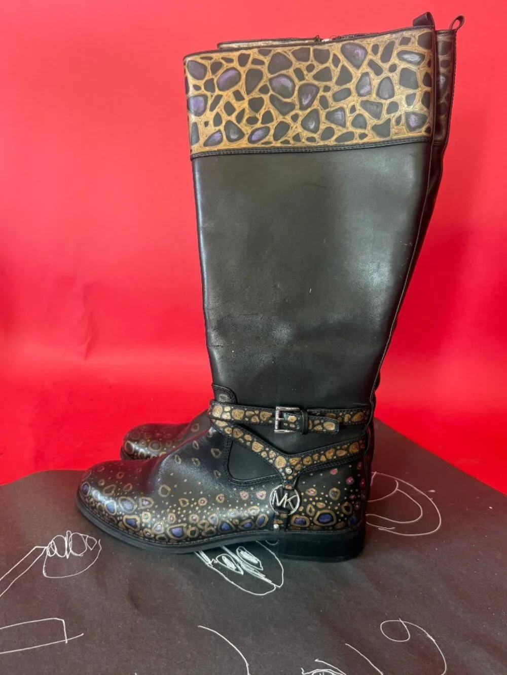 Hand Painted Leather Riding Boots | Gold Mosaic Knee High Boots, Unique